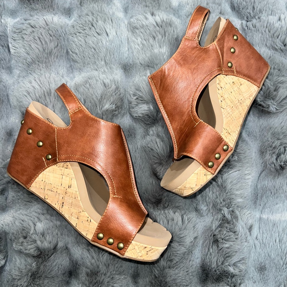 New Corkys Tiffanee Cognac Wedge Sandals size 8